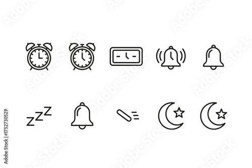 Sleep and wake up line icon set. Alarm clock, ringing bell, notification and reminder icons. Night, morning, time management, deadline concepts. Crescent moon, star, zzz.
