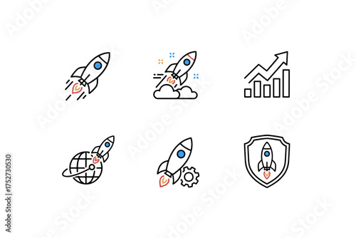 Startup icon set. Rocket launch for business project and fast growth. Success graph. Global expansion, technology development and security shield. Vector line icons collection.