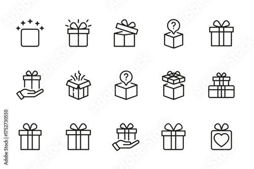 Gift box icon set vector line style, minimalistic present icons, open gift boxes, question mark mystery box, hand holding gift, heart symbol, celebration, stacked gifts