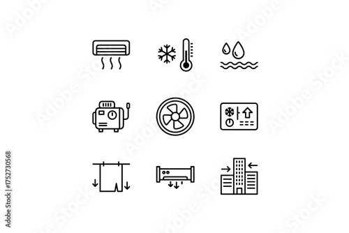 HVAC line icon set. Air conditioning, heating, ventilation symbols. Concepts of climate control, temperature, humidity, airflow, dehumidifier, fan. Vector for home and building systems.