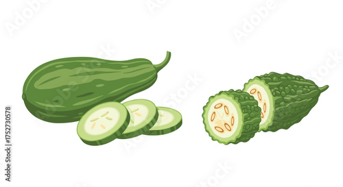 Fresh bitter melon and slices on a white background.