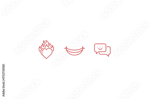 Minimalist vector icon set. Positive emotion symbols. Line art flaming heart for passion and love. Smile for happiness. Chat bubble for communication and social media feedback.