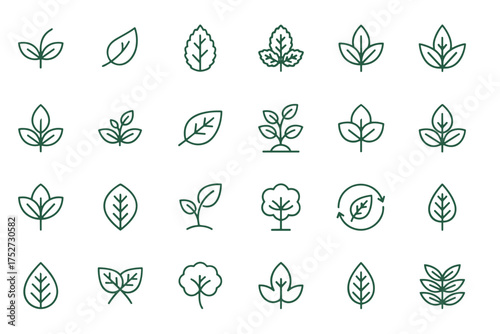 Big set of vector line icons of leaves and plants. Collection of eco, bio, and organic symbols. Concepts of nature, environment, sustainability, and growth. Green foliage.