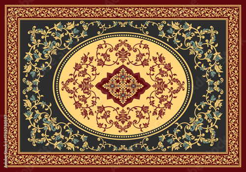 Elegant vintage carpet design with ornate floral damask patterns in red, gold, and black tones, perfect for rugs, fabric, or luxury decor.