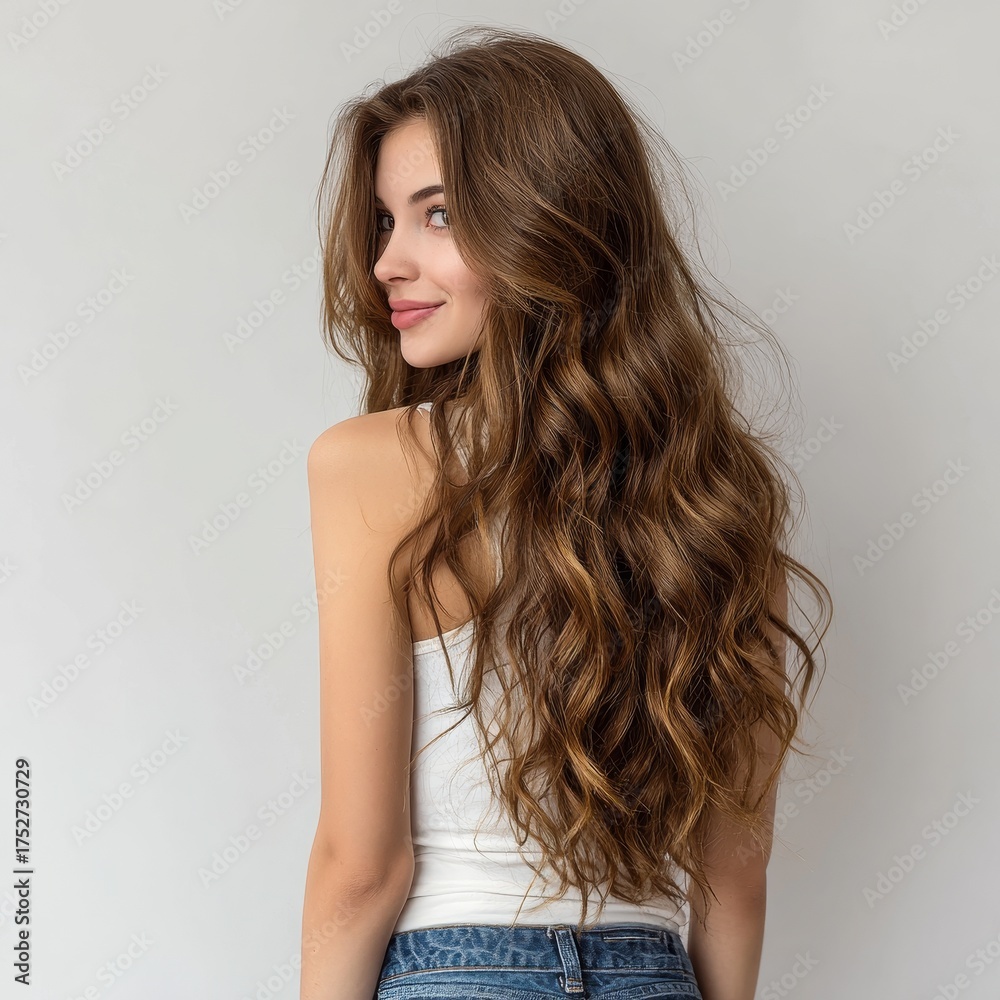 Naklejka premium A young woman with long wavy brown hair is wearing a white top and blue jeans, showing a fashionable and elegant appearance.