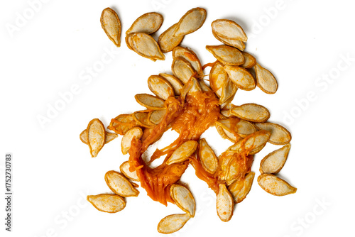 High-resolution photograph of fresh pumpkin seeds isolate on white, taken with a high-resolution 45MP camera