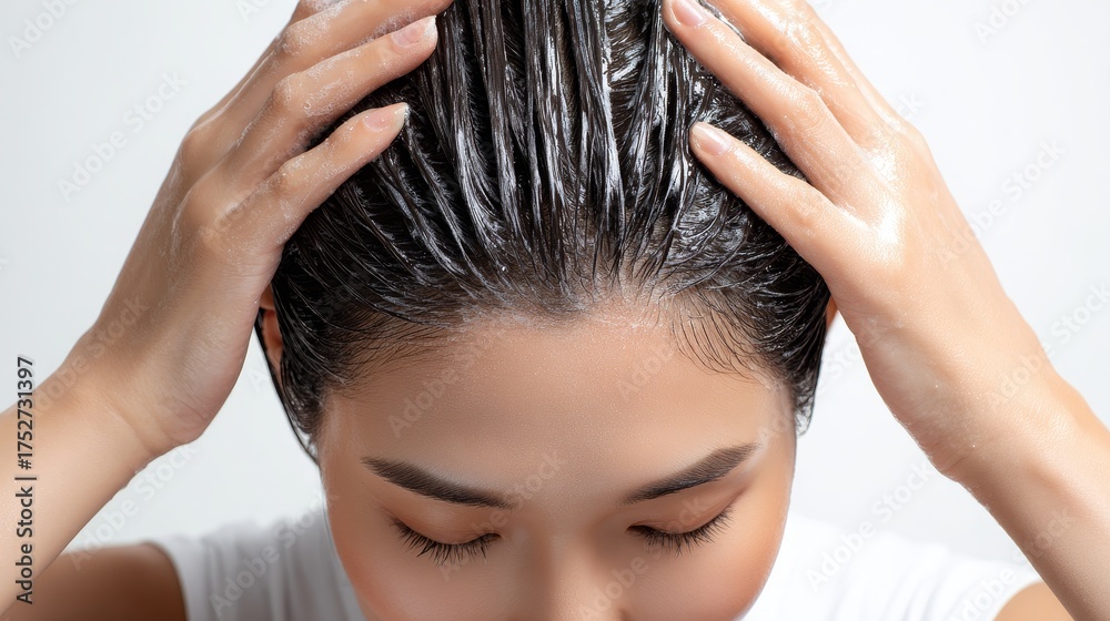Naklejka premium A woman is washing her hair with shampoo, creating soapy bubbles, focusing on hair care and cleanliness.