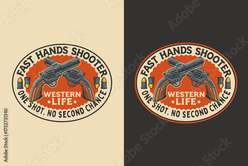Cowboy revolver retro badge logo vector design set for wild west and outlaw themes. Western vintage emblem logo graphic. Classic gun illustration label element designs