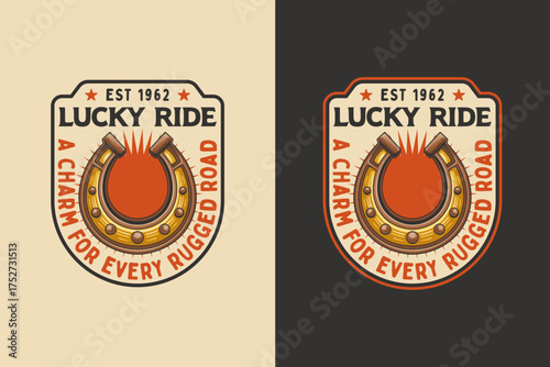 Horseshoe retro badge logo vector design set for cowboy luck and wild west themes. Vintage western emblem logo graphic. Country charm illustration label element designs