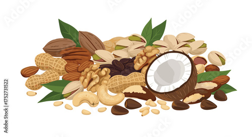 A diverse assortment of healthy nuts and seeds with a coconut slice and leaves.