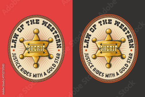 Sheriff badge retro badge logo vector design set for wild west and cowboy police themes. Western vintage emblem logo graphic. Lawman star illustration label element designs