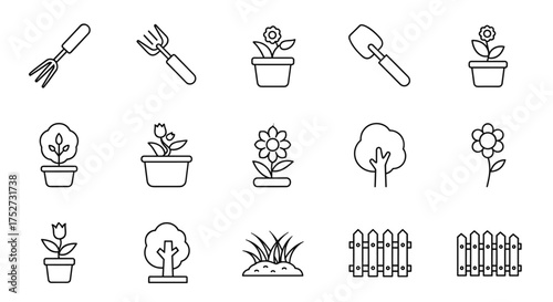 Gardening line icon set. Spring planting symbols. Garden tools vector collection. Plant, flower, tree, pot, spade, rake, fork, grass, fence outline icons. Nature hobby.