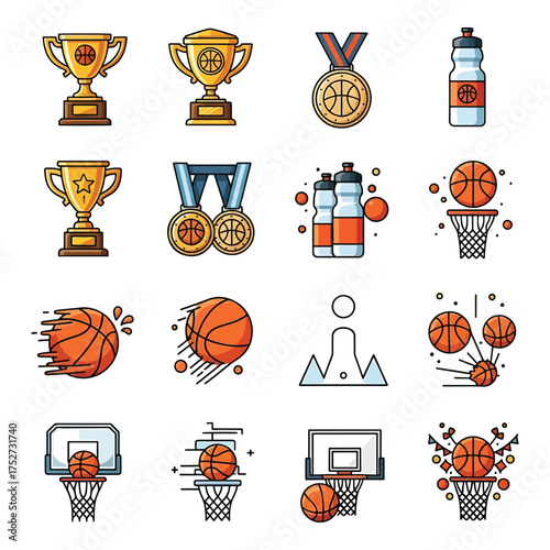 Collection of basketball themed icons featuring trophies medals water bottles and dynamic action shots of the sport