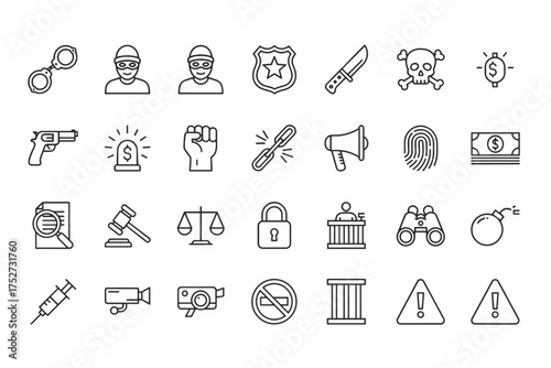 Crime and justice law enforcement line icon set. Symbols for police, security, investigation, and court system. Includes handcuffs, robber, badge, gun, bomb, and prison bars.