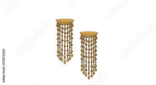 Ornate gold chandelier-style hanging decorations with beaded strands.