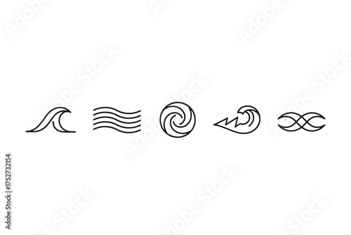 Wave and water line icon set. Collection of simple sea and ocean symbols. Abstract flow, current, surf, and storm vector elements. Minimalist whirlpool and infinity signs.
