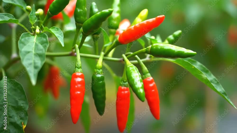 Closeup of ripe red and green chili peppers growing on a plant.