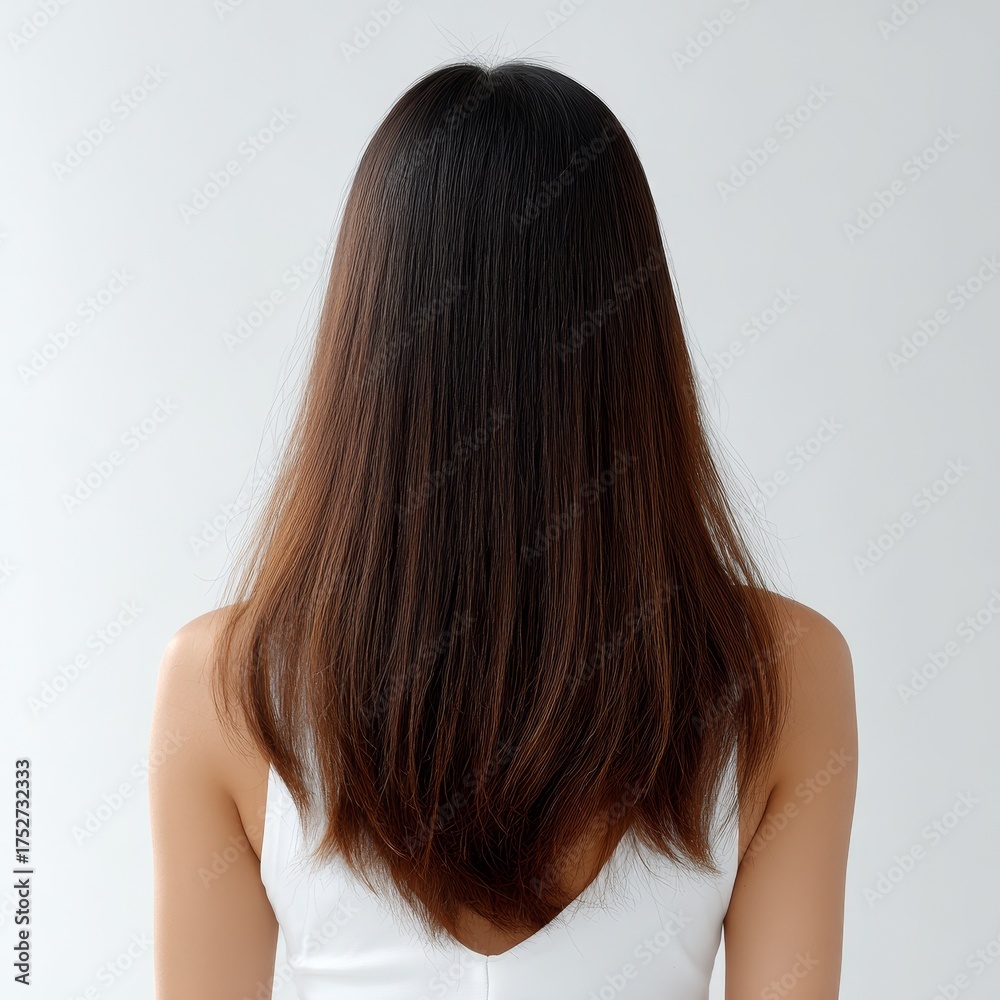 Naklejka premium Rear view shows a woman with long straight hair in a white top, highlighting her elegant hair and simple attire.