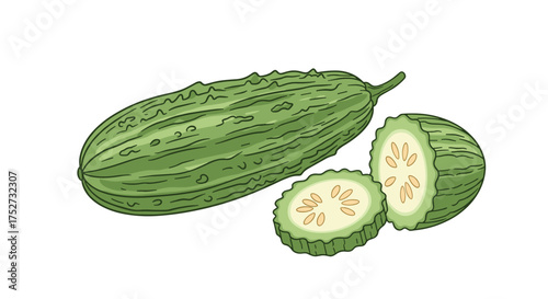 This bumpy green vegetable known as bitter melon is sliced showing its seeds and interior.