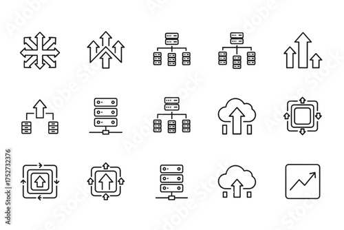 Data center and scalability thin line icons set. Server rack, cloud upload, network distribution, and growth arrows. Information technology infrastructure and deployment symbols.