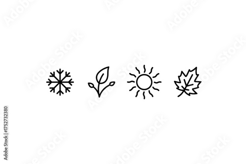 Four seasons line icon set. Winter, spring, summer, autumn symbols. Snowflake, sprout, sun, and leaf. Minimalist vector collection for nature's annual weather cycle concept.