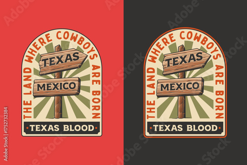 Wooden signpost retro badge logo vector design set for cowboy trail and wild west direction themes. Vintage western emblem logo graphic. Rustic sign illustration label element designs
