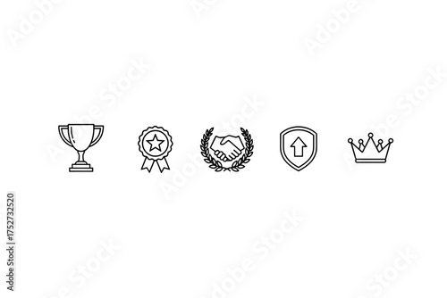 Award and success line icon set. Trophy, winner medal, partnership handshake in a laurel wreath, quality guarantee shield, and leadership crown symbols. Achievement vector pack.