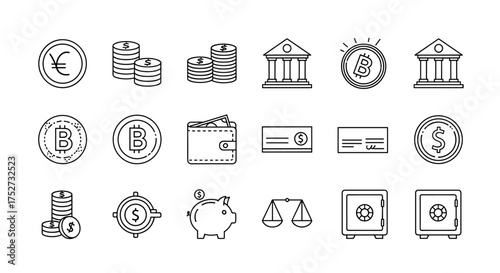 Finance and money line icon set. Vector collection of banking and business symbols. Includes bitcoin, crypto, safe, piggy bank, wallet, dollar, check, and financial elements.