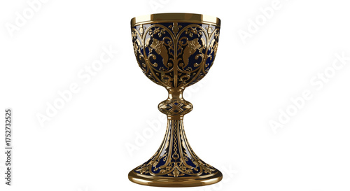 Ornate golden chalice with blue enamel. Holy Grail. Antique medieval goblet for communion or ceremony. Royal trophy cup with intricate filigree. Christianity symbol vector.