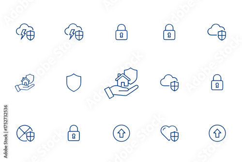 Security and protection line icon set. Concepts of data safety, cloud storage, home and health insurance. Vector symbols for privacy, cyber security, lock and shield.