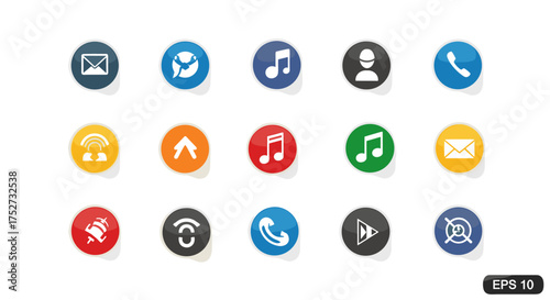 Vector sticker icon set for web and mobile user interface design. Glossy colorful circular buttons collection with symbols like mail, phone, music, user, web, and GPS.