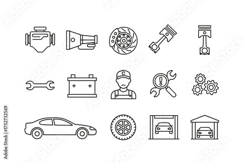 Car service and auto repair thin line icons. Vector symbols for mechanic, workshop, vehicle maintenance, garage, spare parts. Editable stroke pictograms engine, brake, piston.
