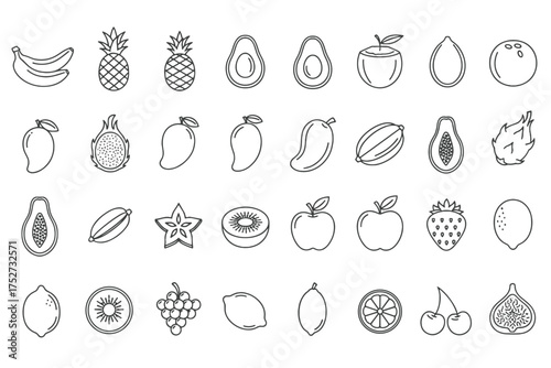 Fruit line icon big set. Vector collection of fresh tropical fruits like banana, pineapple, avocado, mango, papaya. Minimalist outline symbols for healthy food, diet, grocery.