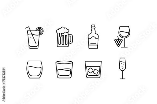 Set of drink and alcohol line icons. Beverage collection with beer, wine, cocktail, whiskey, champagne. Vector symbols for bar menu, party and restaurant. Minimalist outline.