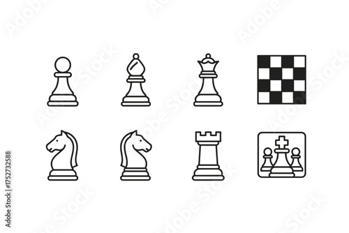 Chess game line icon set. Vector graphic collection with king, queen, bishop, knight, rook, pawn and chessboard. For strategy, business, competition, and success ideas.