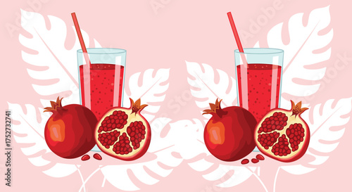 Refreshing pomegranate juice served with whole and cut fruits and tropical leaves.