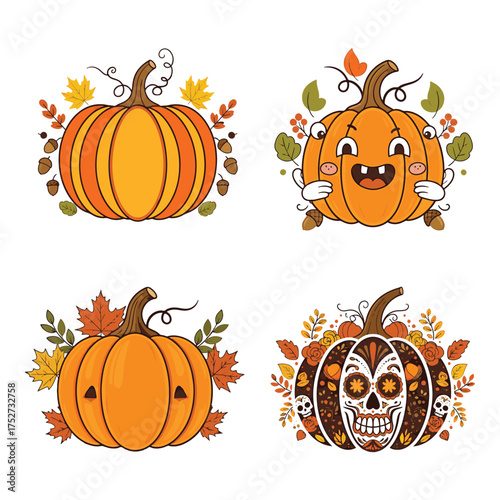Four hand drawn halloween pumpkins decorated with autumn leaves and spooky faces for festive decorations