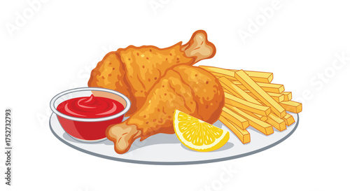 Crispy fried chicken drumsticks with french fries and ketchup served on a plate.