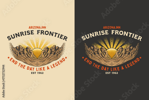 Sunrise on arizona retro badge logo vector design set for outdoor lovers. Vintage western emblem logo graphic. Adventure illustration label element designs