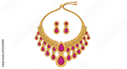 A stunning gold necklace and matching earrings set adorned with vibrant red gemstones.