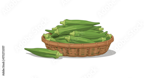 A wicker basket overflowing with fresh green okra pods a healthy vegetable.