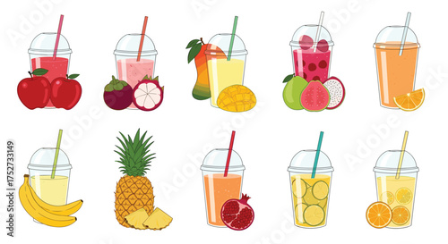A refreshing assortment of colorful fruit juices and smoothies in clear cups with straws.