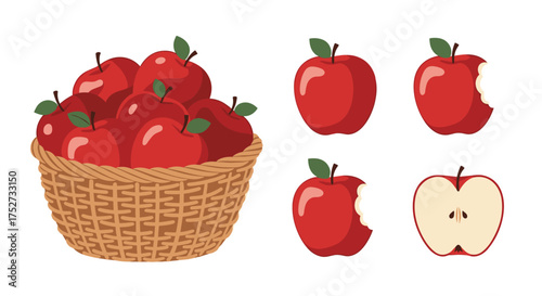 A delicious basket of fresh red apples and individual apple illustrations.