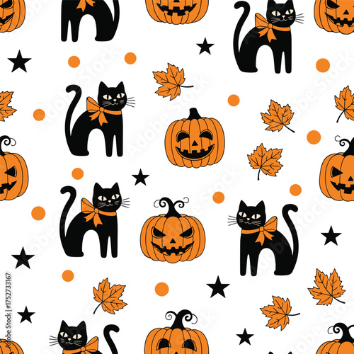 Whimsical halloween pattern featuring black cats with orange bows and carved jack o lantern pumpkins scattered amongst autumn leaves and stars