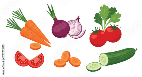 A variety of fresh vegetables including carrots onions tomatoes and cucumber are beautifully arranged for a healthy meal.