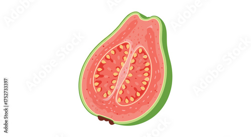 A detailed illustration of a halved pink guava fruit showing its juicy flesh and many small seeds inside.