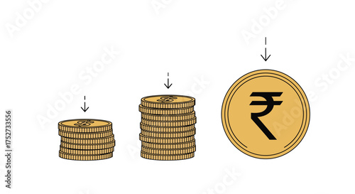 Growth of money represented by increasing stacks of coins and a single large coin.