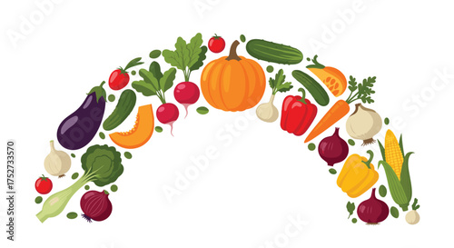 A vibrant archway composed of fresh seasonal vegetables and garden produce.