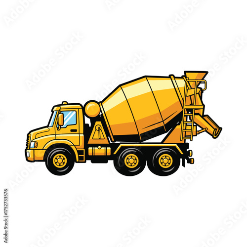 Bright yellow cement mixer truck illustration on a white background with a cartoon style