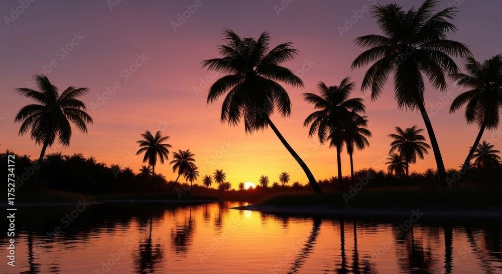 Fototapeta premium Serene Tropical Sunset Over Calm Water Reflecting Palm Trees and Lush Vegetation in a Dreamy Haze